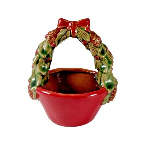 VTG Glazed Christmas Basket Pottery Trinket Candy Dish Stoneware Holiday Signed - Picture 2 of 9